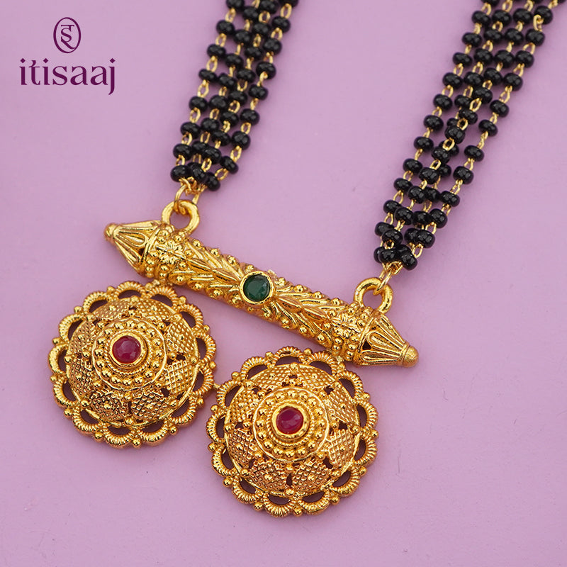 Traditional Antique Gold Finish Long Four Layer Vati Mangalsutra Set with Earrings - 5091