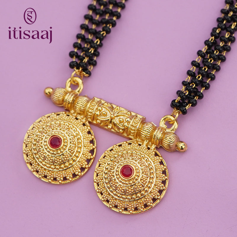 Traditional Antique Gold Finish Long Four Layer Vati Mangalsutra Set with Earrings - 4662