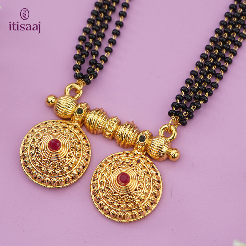 Traditional Antique Gold Finish Long Four Layer Vati Mangalsutra Set with Earrings - 5090