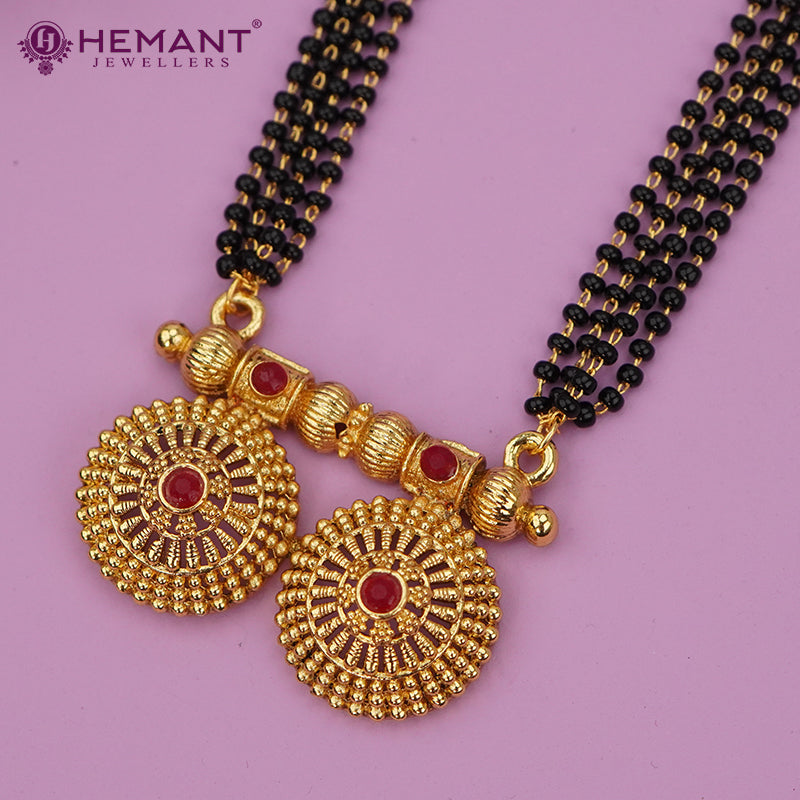 Traditional Antique Gold Finish Long Four Layer Vati Mangalsutra Set with Earrings