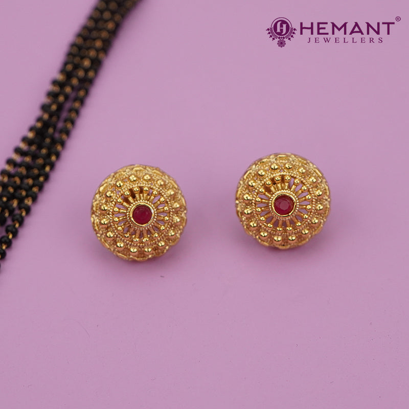 Traditional Antique Gold Finish Long Four Layer Vati Mangalsutra Set with Earrings