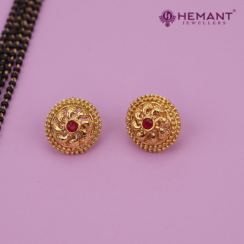 Traditional Antique Gold Finish Long Four Layer Vati Mangalsutra Set with Earrings