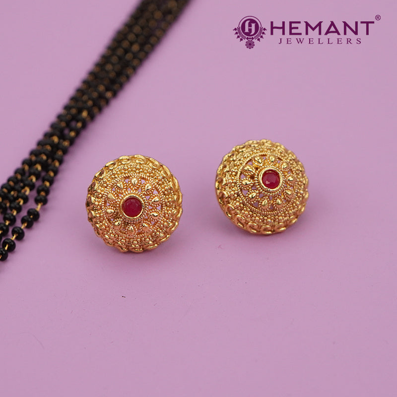 Traditional Antique Gold Finish Long Four Layer Vati Mangalsutra Set with Earrings