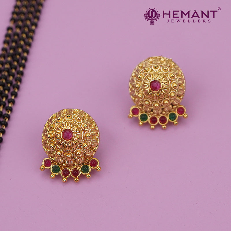 Traditional Antique Gold Finish Long Four Layer Vati Mangalsutra Set with Earrings