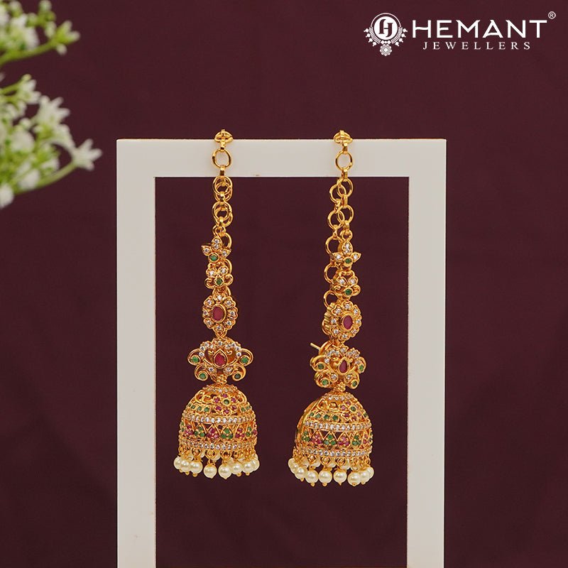 Traditional Antique Gold Plated Kan with Ruby-Green Stones & Pearl Drop Jhumkas (Ear Cuffs) - 4665