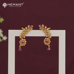 Traditional Antique Gold Plated Kan with Ruby-Green Stones & Pearl Drop Jhumkas (Ear Cuffs) 