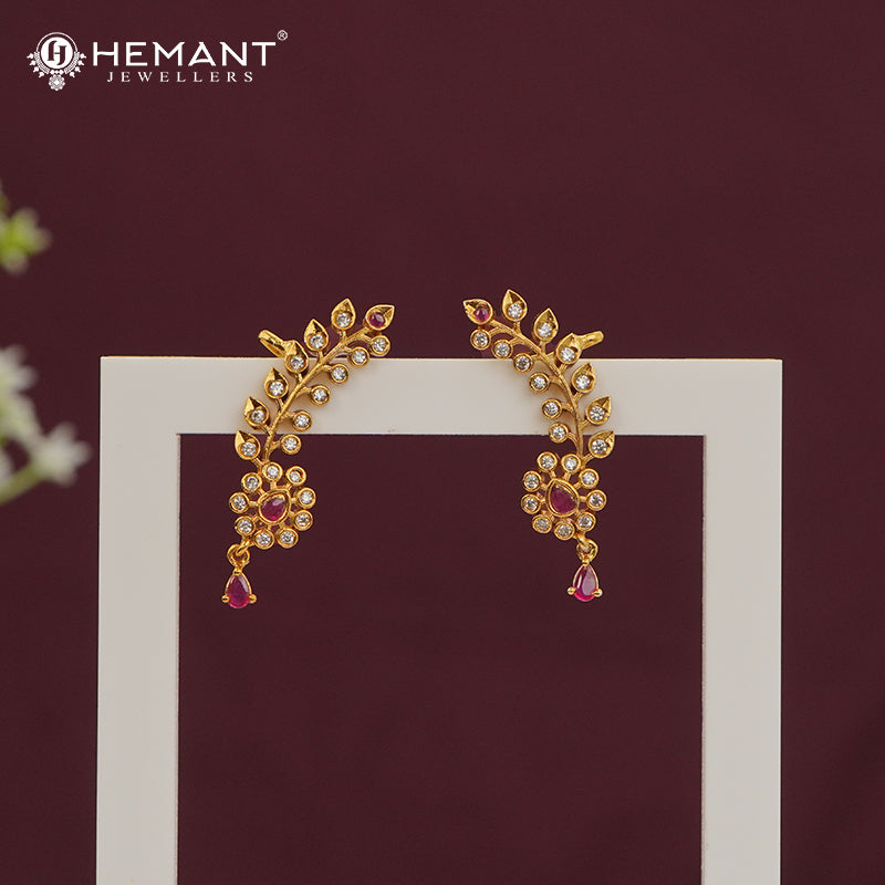 Traditional Antique Gold Plated Kan with Ruby-Green Stones & Pearl Drop Jhumkas (Ear Cuffs) #red-white