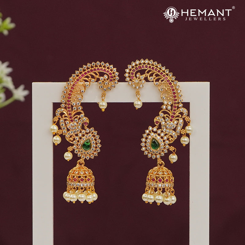 Traditional Antique Gold Plated Kan with Ruby-Green Stones & Pearl Drop Jhumkas (Ear Cuffs) - 5384