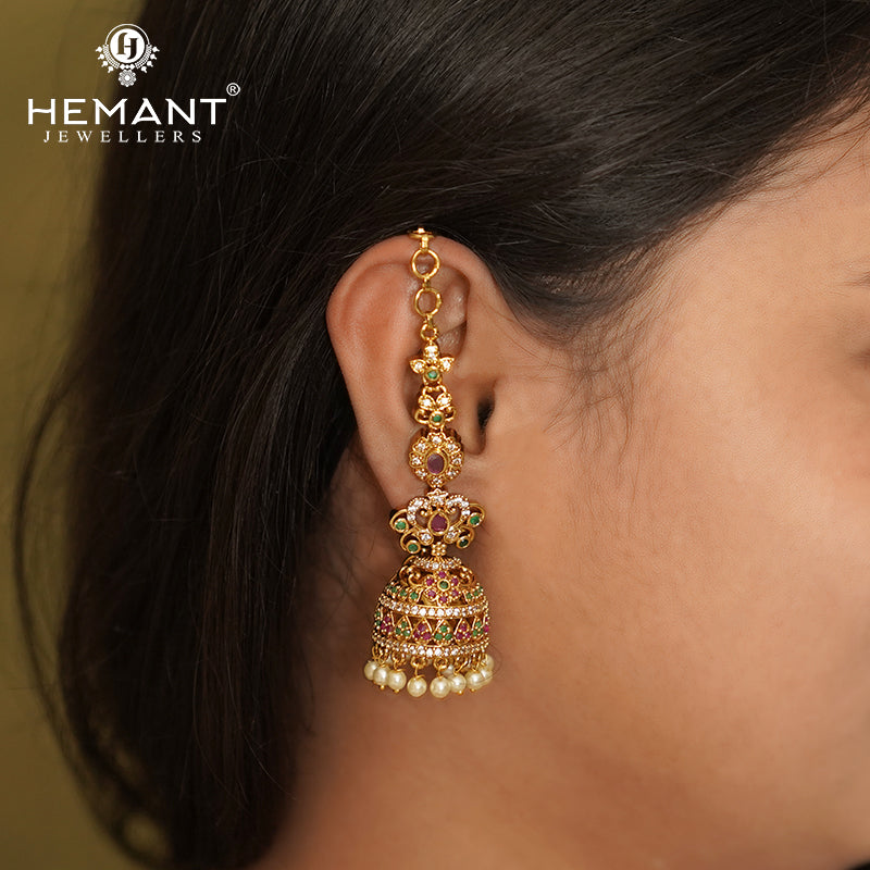 Traditional Antique Gold Plated Kan with Ruby-Green Stones & Pearl Drop Jhumkas (Ear Cuffs) - 4665
