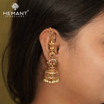 Traditional Antique Gold Plated Kan with Ruby-Green Stones & Pearl Drop Jhumkas (Ear Cuffs) - 4665