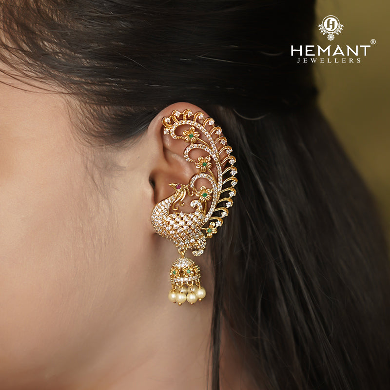 Traditional Antique Gold Plated Kan with Ruby-Green Stones & Pearl Drop Jhumkas (Ear Cuffs) - 4667