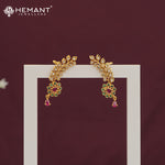 Traditional Antique Gold Plated Kan with Ruby-Green Stones & Pearl Drop Jhumkas (Ear Cuffs) 