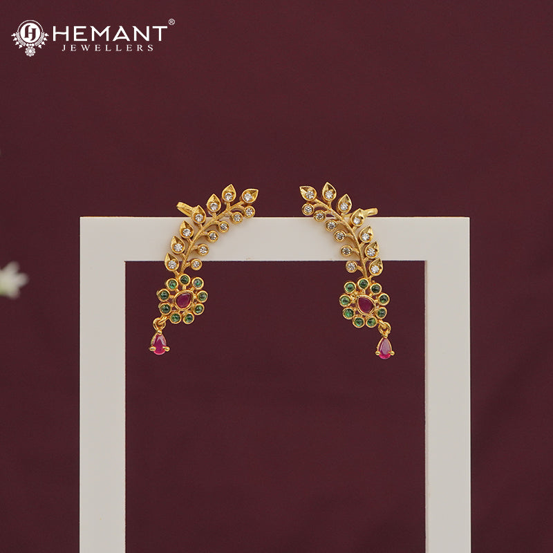Traditional Antique Gold Plated Kan with Ruby-Green Stones & Pearl Drop Jhumkas (Ear Cuffs) 