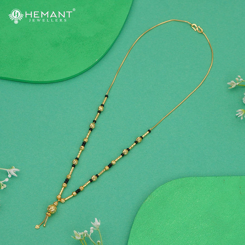 Traditional Black Bead Short Mangalsutra Chain with Spherical Textured Pendant - 4910