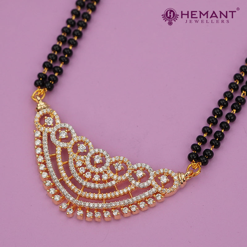 Traditional Dual Strand Black Bead Mangalsutra Set with CZ Stone Pendant and Studs - 5241