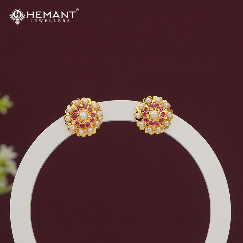 Traditional Floral Stud Earrings with Pink Stones and Semi Cultured Pearls | Gold Plated Tops - 318