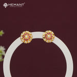 Traditional Floral Stud Earrings with Pink Stones and Semi Cultured Pearls | Gold Plated Tops - 318
