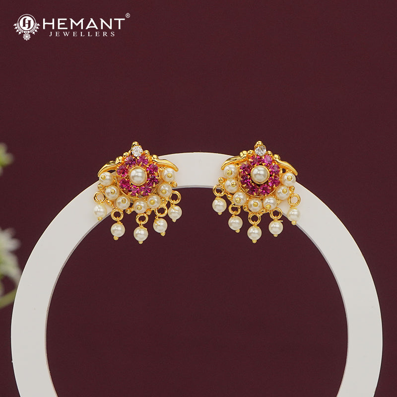 Traditional Gold Look Stud Earrings with Ruby Pink Stones and Pearl Drops - 5018