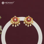 Traditional Gold Look Stud Earrings with Ruby Pink Stones and Pearl Drops - 5018