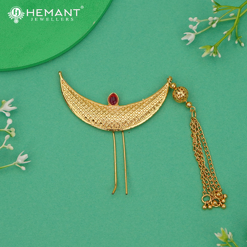 Traditional Gold Plated Ambada Hair Pin with Ruby-Tone Stone and Chain Tassel - 5200