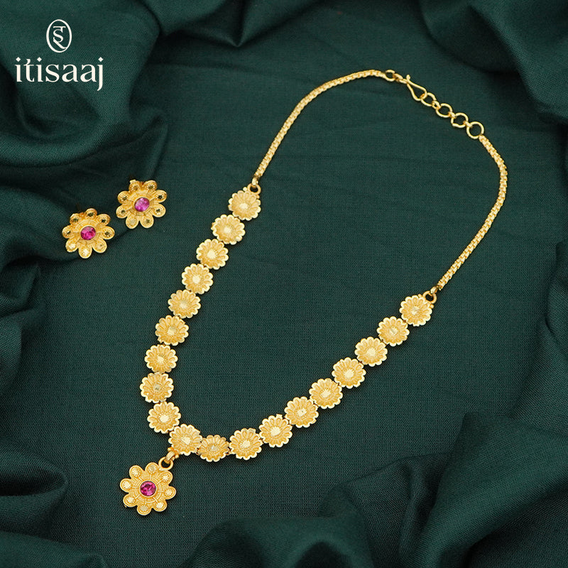 Traditional Gold Plated Floral Necklace and Earrings Set - 5574