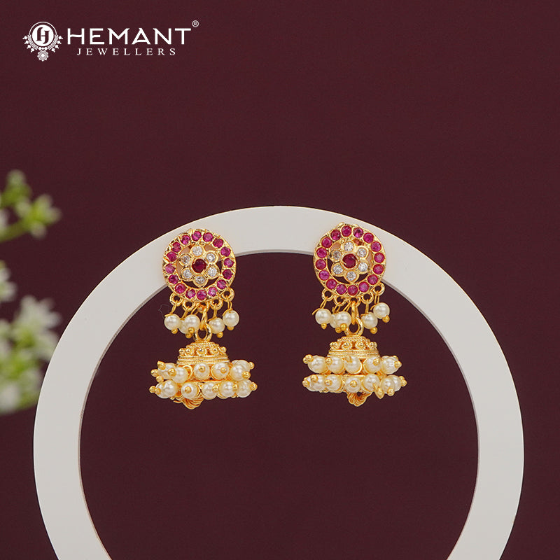 Traditional Gold Plated Jhumka Earrings with Ruby and Pearl Detailing - 5299