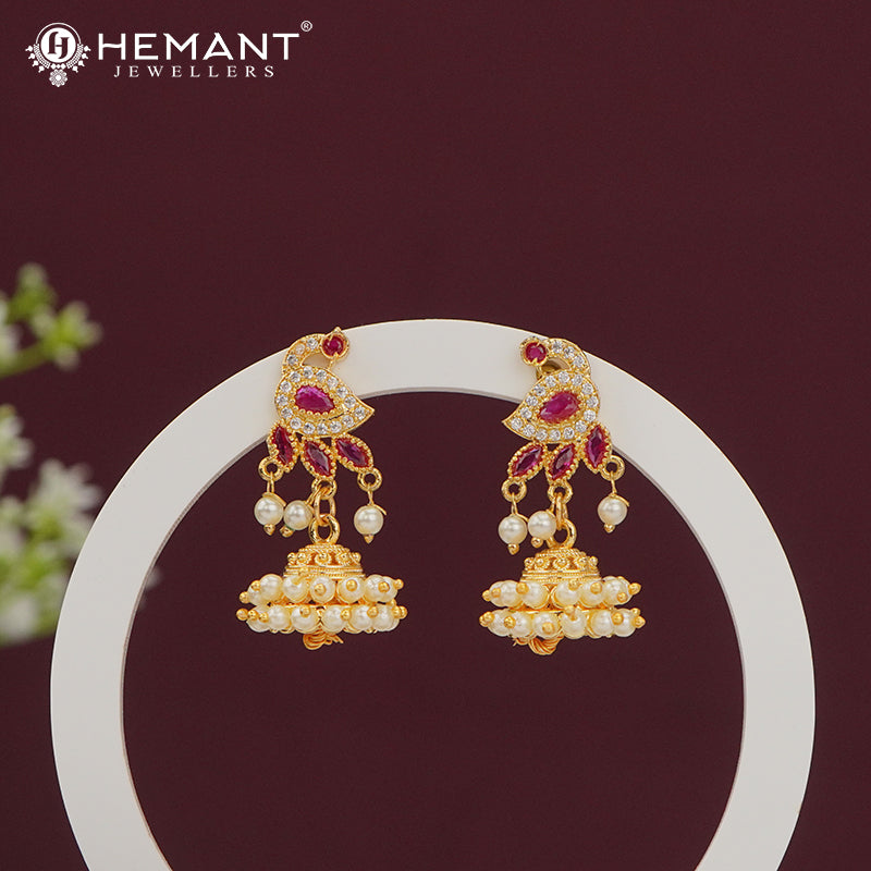 Traditional Gold Plated Jhumka Earrings with Ruby and Pearl Detailing - 5301
