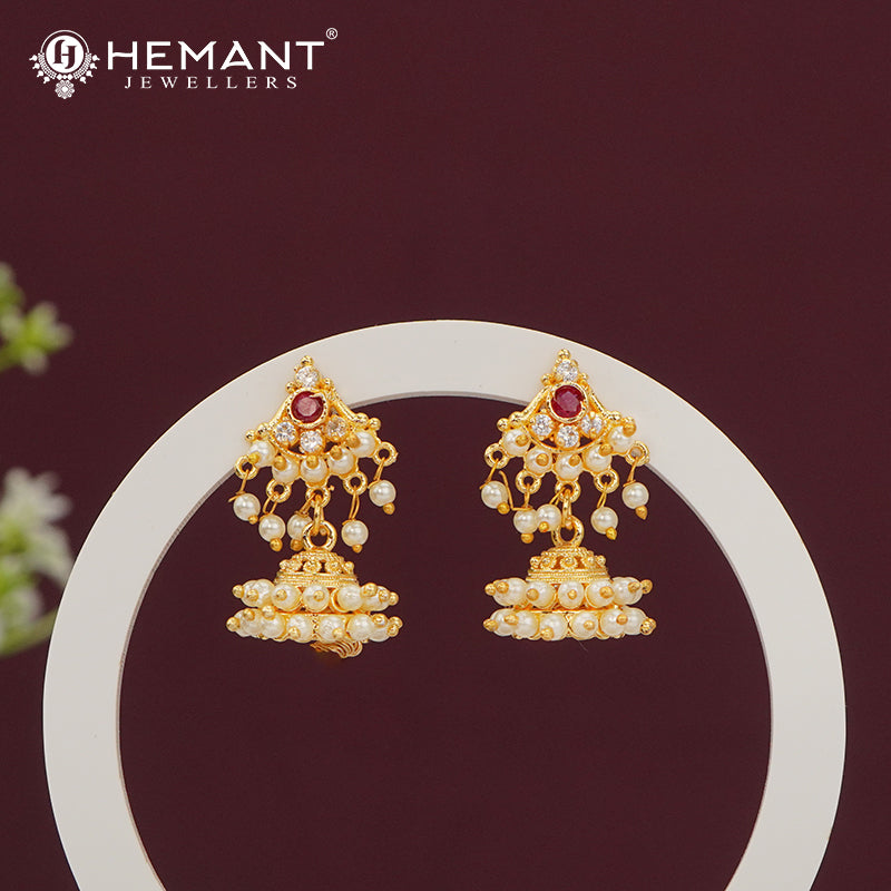 Traditional Gold Plated Jhumka Earrings with Ruby and Pearl Detailing - 5304