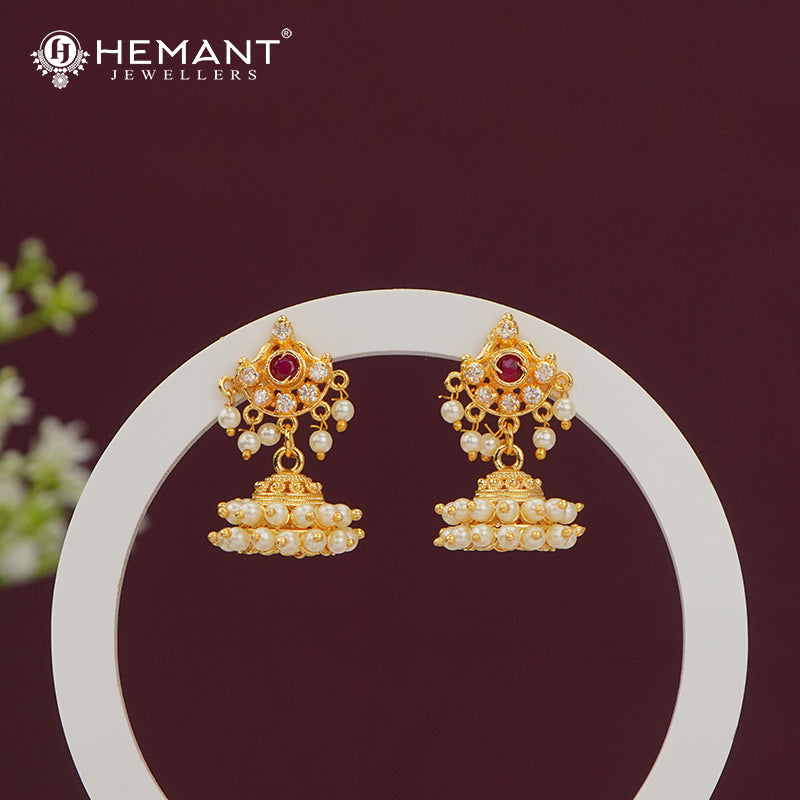 Traditional Gold Plated Jhumka Earrings with Ruby and Pearl Detailing - 5303