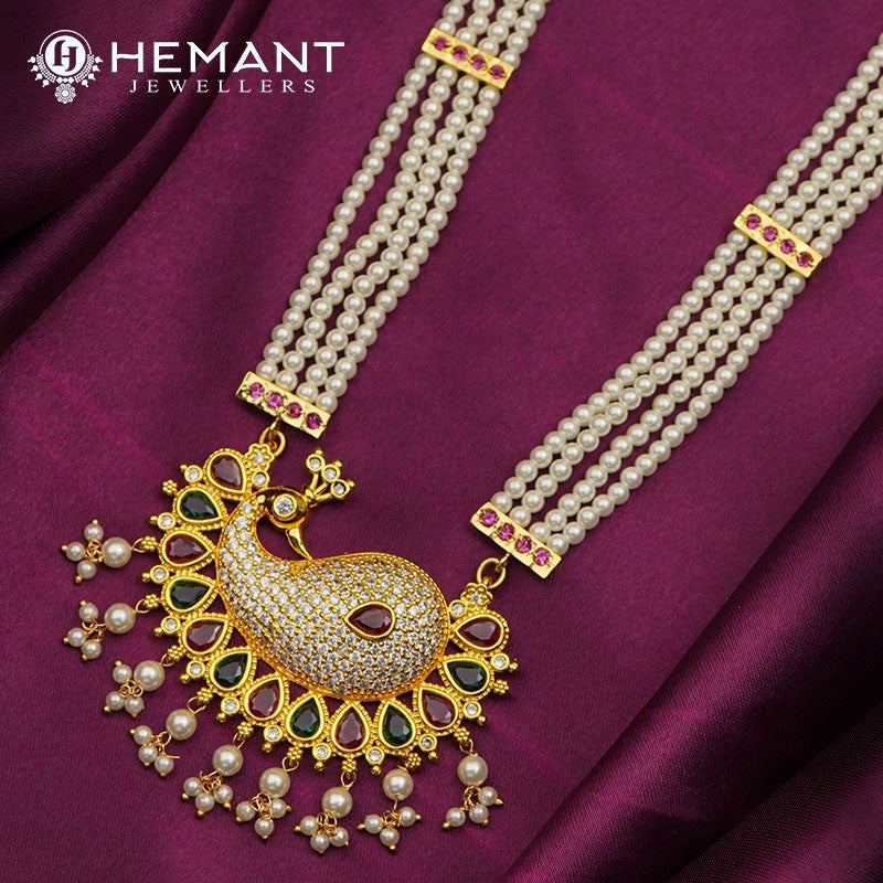 Traditional Maharashtrian Chinchpeti Tanmani Moti Har Long Chinch Peti 4 Line Peacock