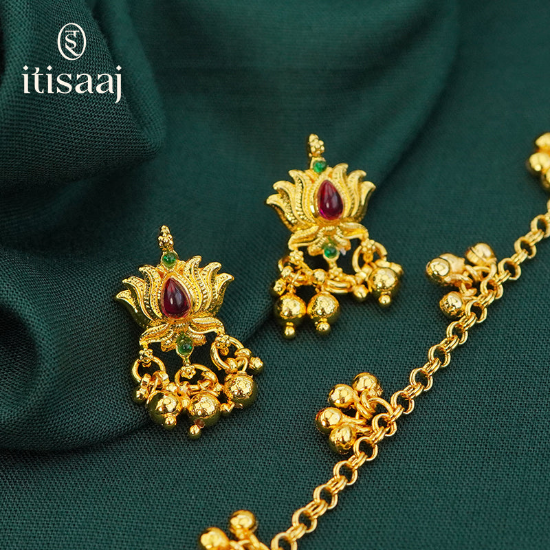 Traditional Maharashtrian Kolhapuri Chain Ghas Kamal Pendal with Earrings - 4912