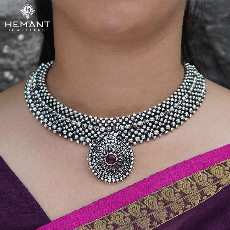 Traditional Maharashtrian Kolhapuri Double Thushi Rava Peacock Silver (Oxidized)