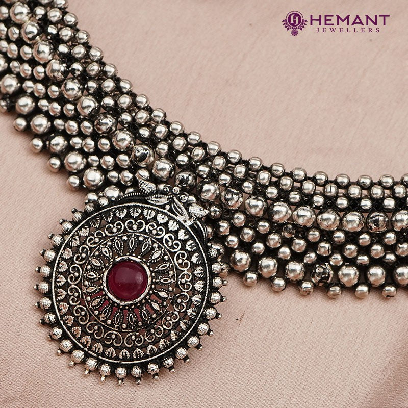 Traditional Maharashtrian Kolhapuri Double Thushi Rava Peacock Silver (Oxidized)