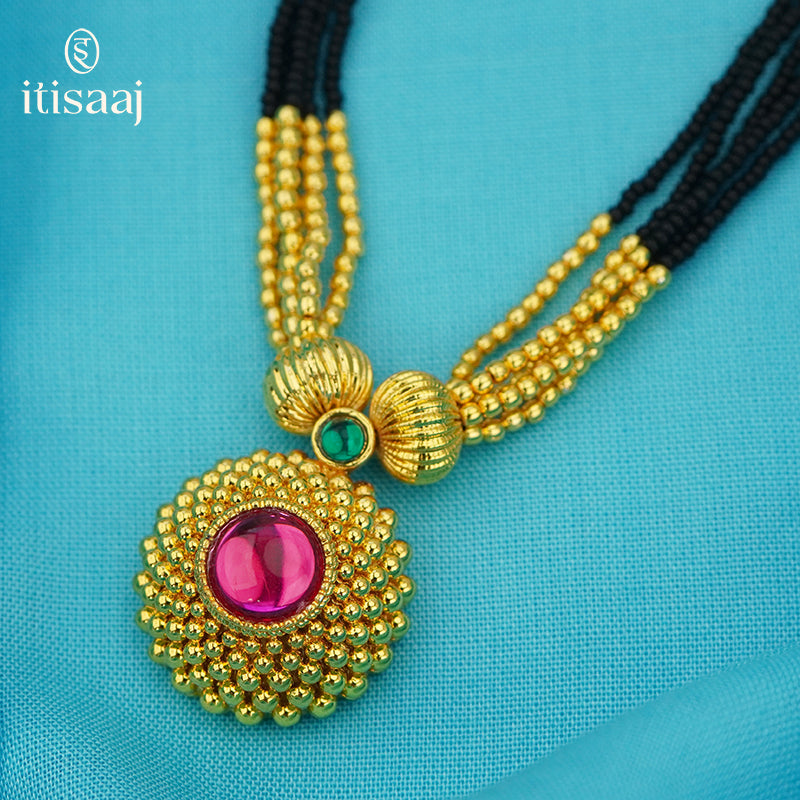 Traditional Maharashtrian Kolhapuri Mangalsutra 12 Mani Saj Rava 5 Line - 4943