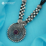 Traditional Maharashtrian Kolhapuri Mangalsutra 5 No. Patch Rava Peacock Silver(Oxidized) - 5529