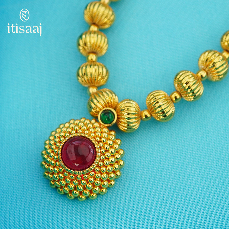 Traditional Maharashtrian Kolhapuri Mangalsutra Saj Rava 5 Line Pendal - 4958