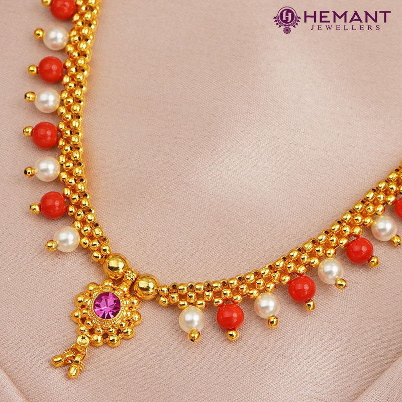 Traditional Maharashtrian Kolhapuri Micro Gold Plated Thushi 16 Moti 16 Powala Saj 2-0