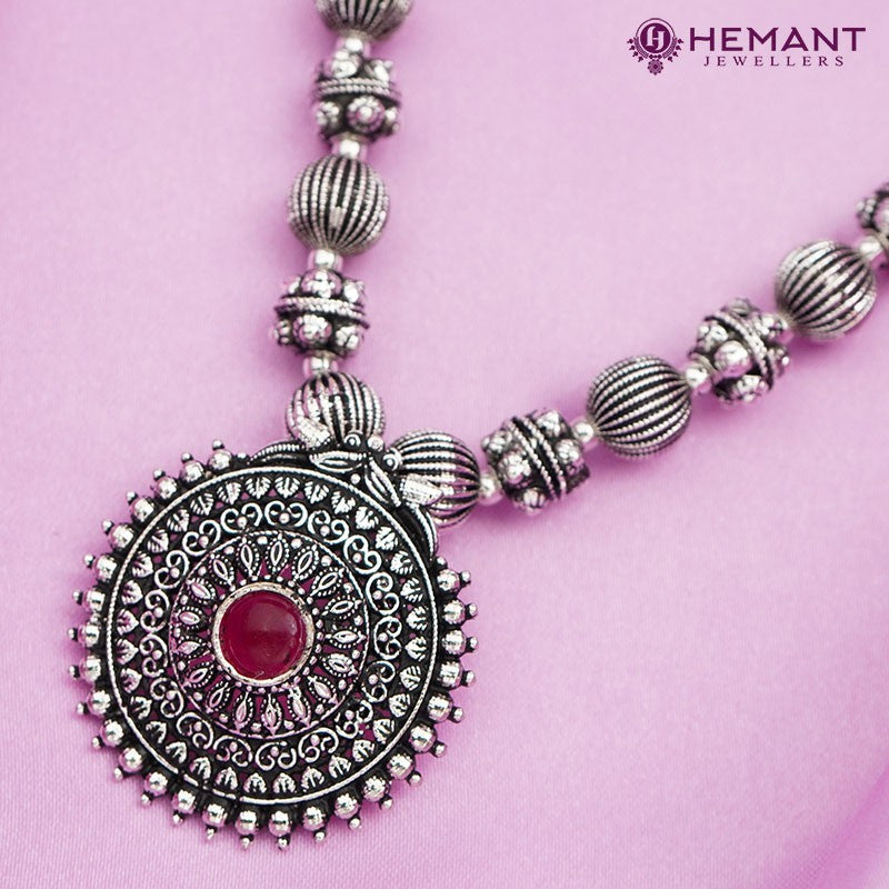 Traditional Maharashtrian Kolhapuri Topra Mala Rava Peacock Long Silver (Oxidized)