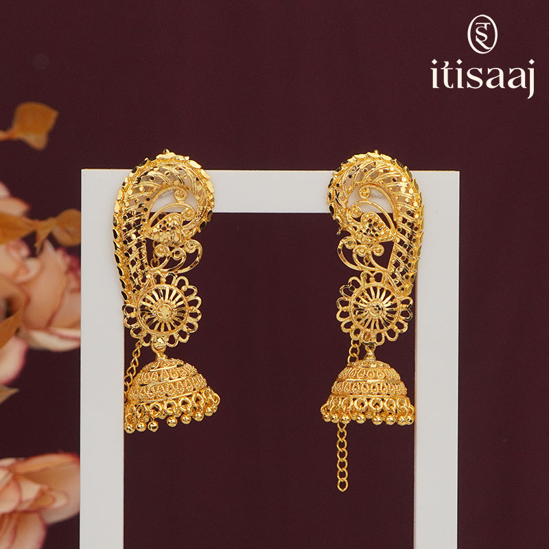 Traditional Maharashtrian Micro Gold Plated Earcuff Kan Jhumka Earrings with Intricate Filigree Work - 5544