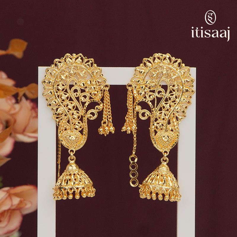 Traditional Maharashtrian Micro Gold Plated Earcuff Kan Jhumka Earrings with Intricate Filigree Work - 5542
