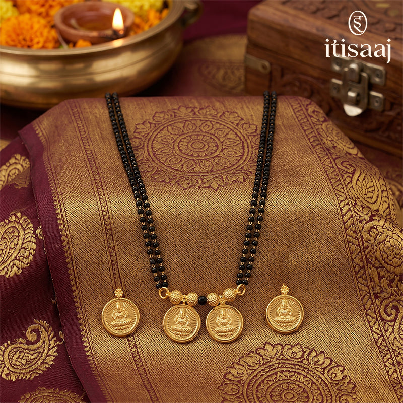 Traditional Micro Gold Plated Double Strand Laxmi Wati Short Mangalsutra with Earrings - 3928