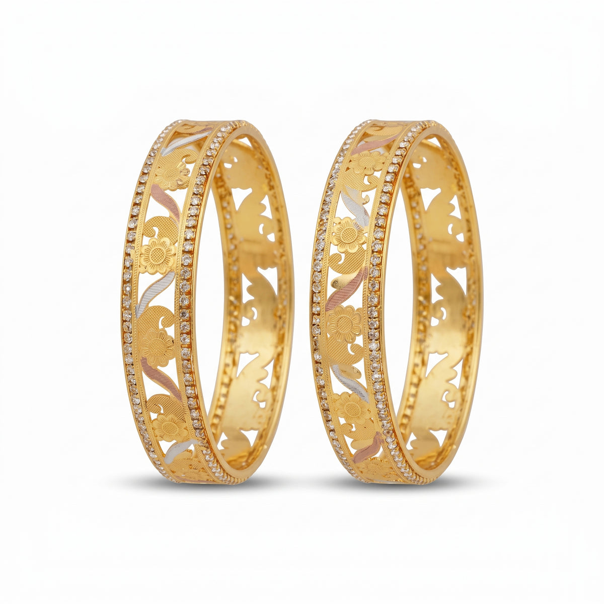 Traditional Micro Gold Plated Floral Jaali Bangles with CZ Border | Tri-Tone Designer Kada Set for Women (Set of 2) - 5884-86