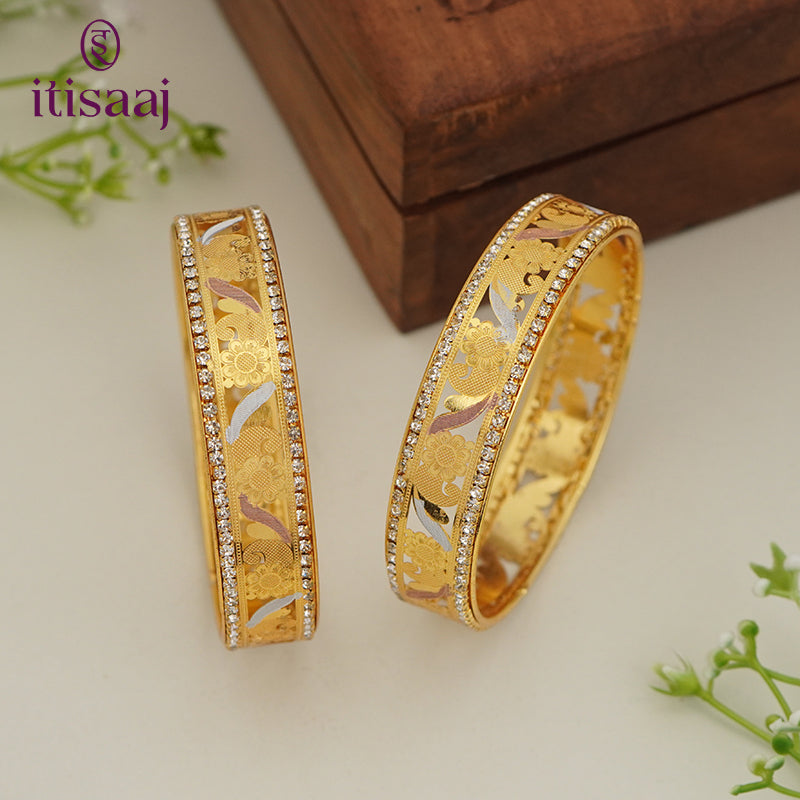 Traditional Micro Gold Plated Floral Jaali Bangles with CZ Border | Tri-Tone Designer Kada Set for Women (Set of 2) - 5884-86