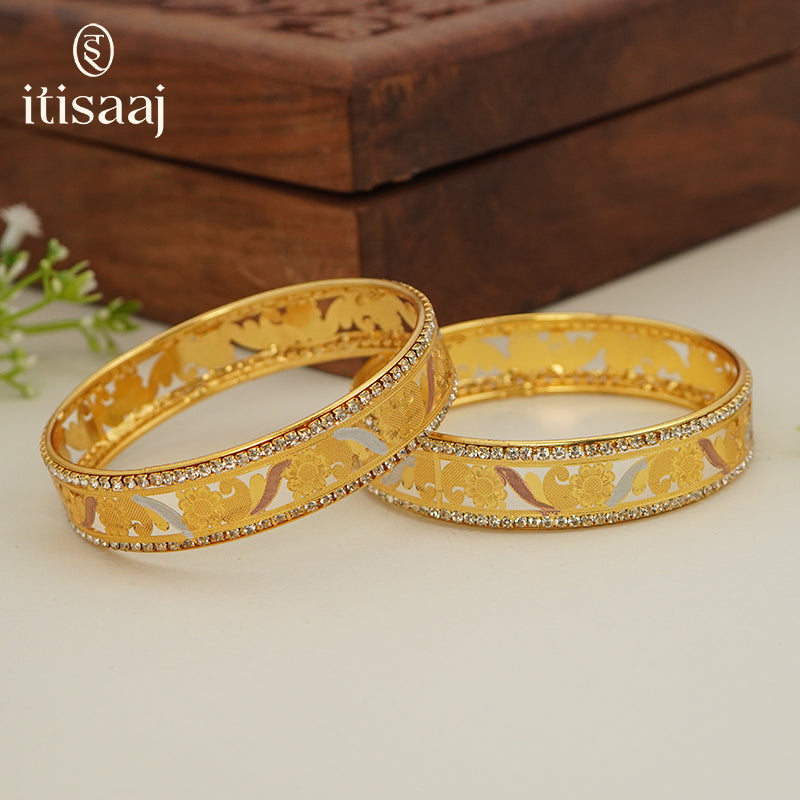 Traditional Micro Gold Plated Floral Jaali Bangles with CZ Border | Tri-Tone Designer Kada Set for Women (Set of 2) - 5884-86