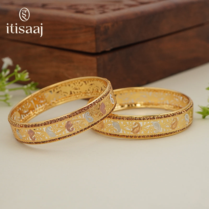 Traditional Micro Gold Plated Floral Jaali Bangles with CZ Border | Tri-Tone Designer Kada Set for Women (Set of 2) - 5887-89
