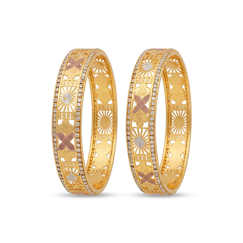 Traditional Micro Gold Plated Floral Jaali Bangles with CZ Border | Tri-Tone Designer Kada Set for Women (Set of 2) - 5893-95