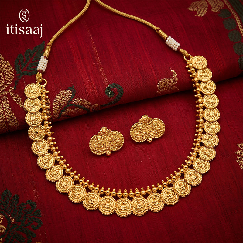 Traditional Micro Gold Plated Laxmi Coin Necklace Set with Matching Stud Earrings - 5229