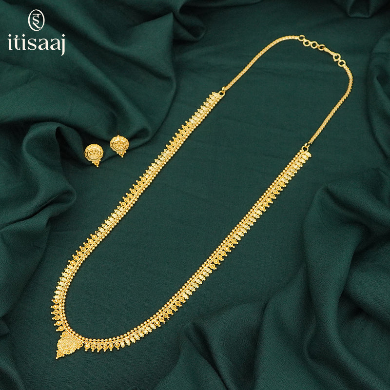 Traditional Micro Gold Plated Long Necklace Set with Floral Earrings - 998