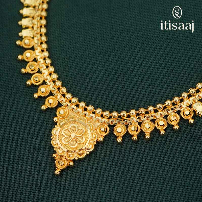 Traditional Micro Gold Plated Long Necklace Set with Floral Earrings - 998