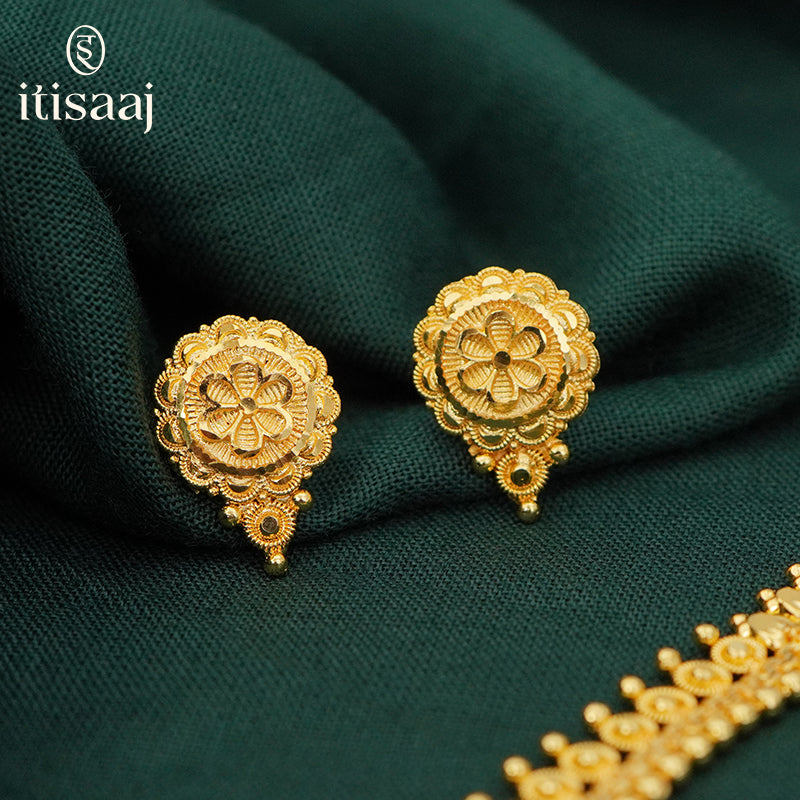 Traditional Micro Gold Plated Long Necklace Set with Floral Earrings - 998